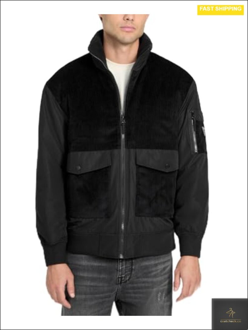GUESS Fabian Corduroy Mixed Puffa Jacket Men's Windproof Water-Resistant Down
